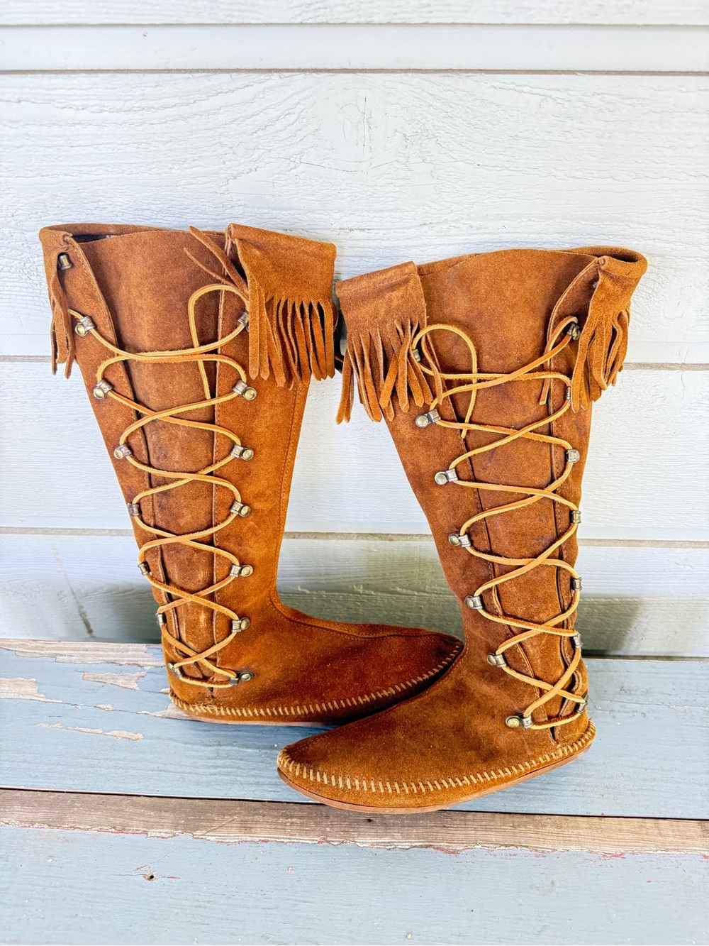 Vintage Fringe Lace-Up Suede Knee-High Moccasins